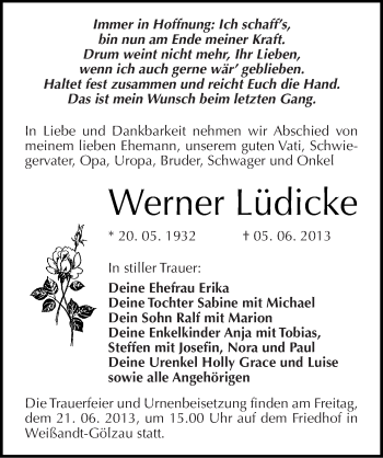 Traueranzeige von Werner Lüdicke von Mitteldeutsche Zeitung Köthen