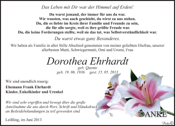 Traueranzeige von Dorothea Ehrhardt von Mitteldeutsche Zeitung Weißenfels