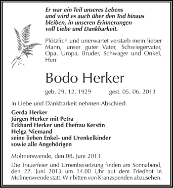Traueranzeige von Bodo Herker von Mitteldeutsche Zeitung Aschersleben