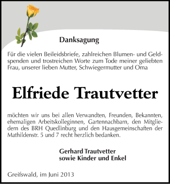 Traueranzeige von Elfriede Trautvetter von Mitteldeutsche Zeitung Quedlinburg