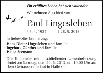 Traueranzeige von Paul Lingesleben von Mitteldeutsche Zeitung Halle/Saalkreis