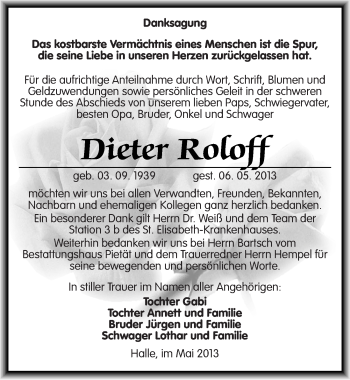 Traueranzeige von Dieter Roloff von Mitteldeutsche Zeitung Halle/Saalkreis