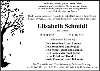 Traueranzeige von Elisabeth Schmidt von Mitteldeutsche Zeitung Halle/Saalkreis