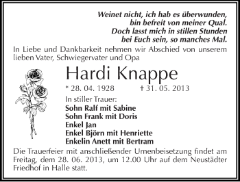 Traueranzeige von Hardi Knappe von Mitteldeutsche Zeitung Halle/Saalkreis
