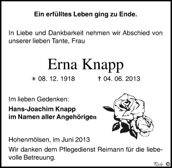 Traueranzeige von Erna Knapp von Mitteldeutsche Zeitung Weißenfels