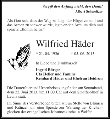 Traueranzeige von Wilfried Häder von Mitteldeutsche Zeitung Bitterfeld