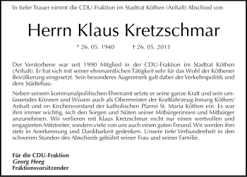 Traueranzeige von Klaus Kretzschmar von Mitteldeutsche Zeitung Köthen