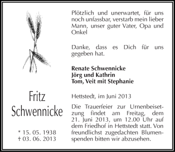 Traueranzeige von Fritz Schwennicke von Mitteldeutsche Zeitung Aschersleben