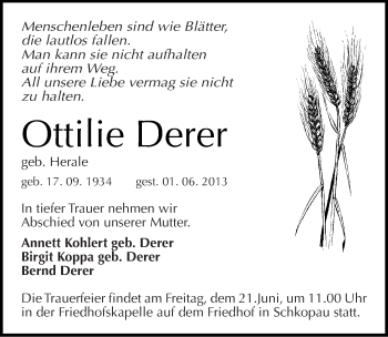 Traueranzeige von Ottilie Derer von Mitteldeutsche Zeitung Halle/Saalkreis