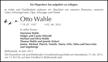 Traueranzeige von Otto Wahle von Mitteldeutsche Zeitung Quedlinburg