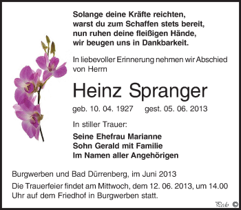 Traueranzeige von Heinz Spranger von Mitteldeutsche Zeitung Weißenfels