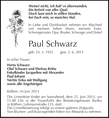 Traueranzeige von Paul Schwarz von Mitteldeutsche Zeitung Köthen