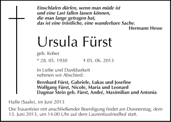 Traueranzeige von Ursula Fürst von Mitteldeutsche Zeitung Halle/Saalkreis