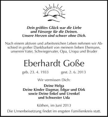 Traueranzeige von Eberhardt Goße von Mitteldeutsche Zeitung Köthen