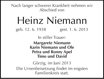 Traueranzeige von Heinz Niemann von Mitteldeutsche Zeitung Köthen