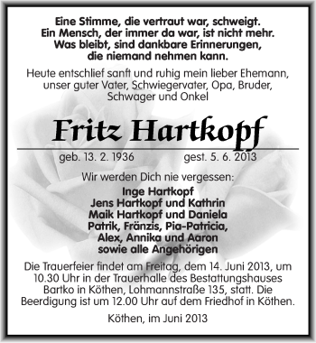 Traueranzeige von Fritz Hartkopf von Mitteldeutsche Zeitung Köthen