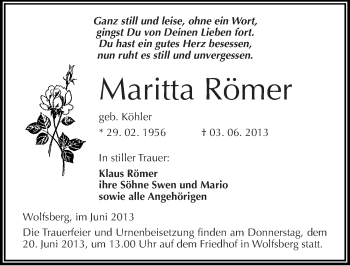 Traueranzeige von Maritta Römer von Mitteldeutsche Zeitung Sangerhausen