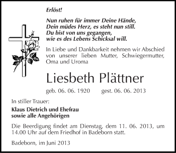 Traueranzeige von Liesbeth Plättner von Mitteldeutsche Zeitung Quedlinburg