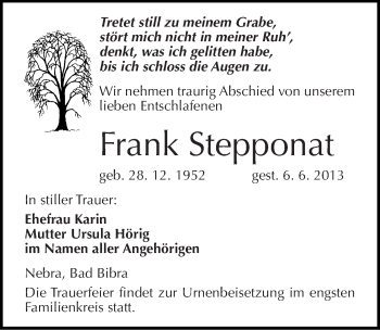 Traueranzeige von Frank Stepponat von Mitteldeutsche Zeitung Naumburg/Nebra
