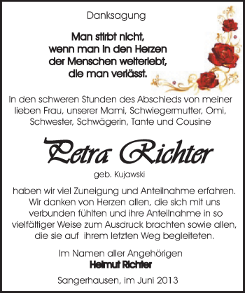 Traueranzeige von Petra Richter von Mitteldeutsche Zeitung Sangerhausen