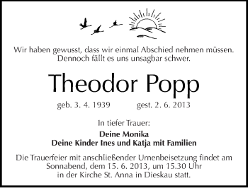 Traueranzeige von Theodor Popp von Mitteldeutsche Zeitung Halle/Saalkreis