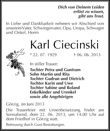 Traueranzeige von Karl Ciecinski von Mitteldeutsche Zeitung Köthen