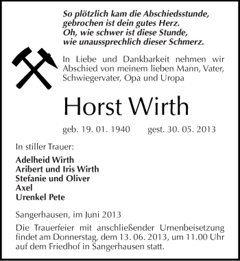 Traueranzeige von Horst Wirth von Mitteldeutsche Zeitung Sangerhausen