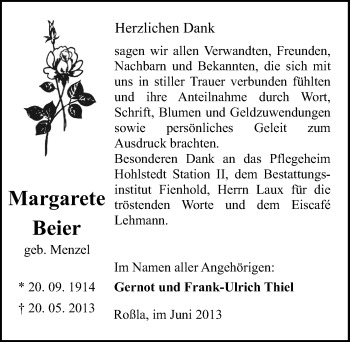 Traueranzeige von Margarete Beier von Mitteldeutsche Zeitung Sangerhausen
