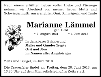 Traueranzeige von Marianne Lämmel von Mitteldeutsche Zeitung Zeitz