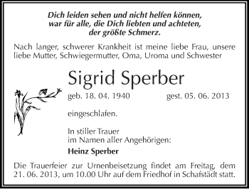 Traueranzeige von Sigrid Sperber von Mitteldeutsche Zeitung Merseburg/Querfurt