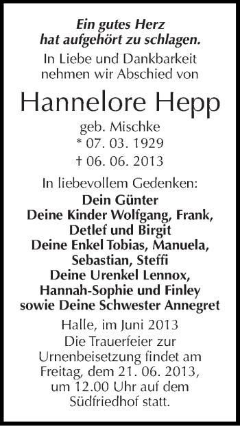 Traueranzeige von Hannelore Hepp von Mitteldeutsche Zeitung Halle/Saalkreis