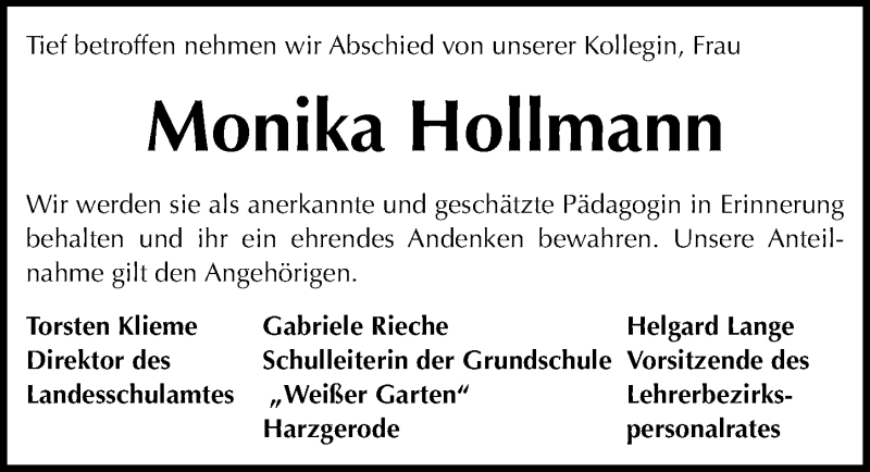  Traueranzeige für Monika Hollmann vom 11.06.2013 aus Mitteldeutsche Zeitung Sangerhausen