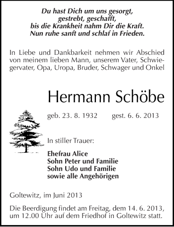 Traueranzeige von Hermann Schöbe von Mitteldeutsche Zeitung Wittenberg