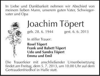Traueranzeige von Joachim Töpert von Mitteldeutsche Zeitung Halle/Saalkreis