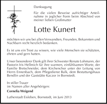 Traueranzeige von Lotte Kunert von Mitteldeutsche Zeitung Aschersleben