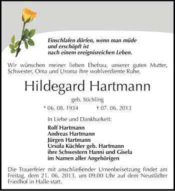 Traueranzeige von Hildegard Hartmann von Mitteldeutsche Zeitung Halle/Saalkreis