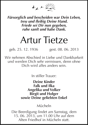 Traueranzeige von Artur Tietze von Mitteldeutsche Zeitung