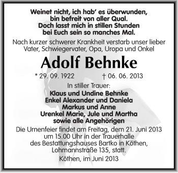 Traueranzeige von Adolf Behnke von Mitteldeutsche Zeitung Köthen