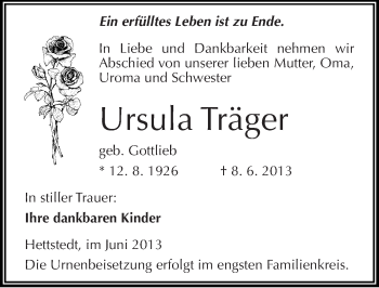 Traueranzeige von Ursula Träger von Mitteldeutsche Zeitung Aschersleben