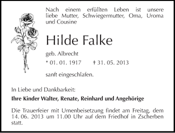 Traueranzeige von Hilde Falke von Mitteldeutsche Zeitung Halle/Saalkreis