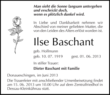 Traueranzeige von Ilse Baschant von Mitteldeutsche Zeitung Dessau-Roßlau