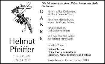 Traueranzeige von Helmut Pfeiffer von Mitteldeutsche Zeitung Sangerhausen