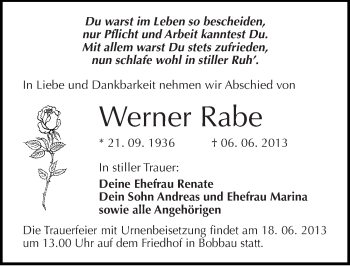 Traueranzeige von Werner Rabe von Mitteldeutsche Zeitung Bitterfeld