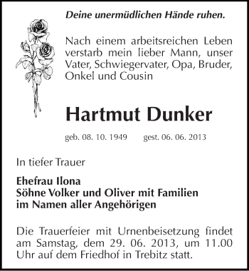 Traueranzeige von Hartmut Dunker von Mitteldeutsche Zeitung Bernburg