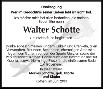 Traueranzeige von Walter Schotte von Mitteldeutsche Zeitung Köthen