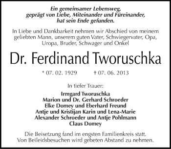 Traueranzeige von Ferdinand Tworuschka von Mitteldeutsche Zeitung Halle/Saalkreis