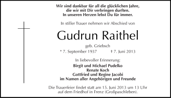 Traueranzeige von Gudrun Raithel von Mitteldeutsche Zeitung Köthen