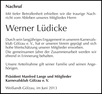 Traueranzeige von Werner Lüdicke von Mitteldeutsche Zeitung Köthen