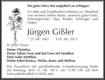 Traueranzeige von Jürgen Gißler von Mitteldeutsche Zeitung Halle/Saalkreis