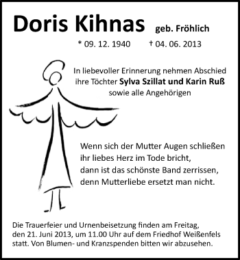 Traueranzeige von Doris Kihnas von Mitteldeutsche Zeitung Weißenfels
